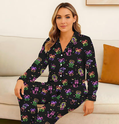 Halloween Neon Witch Pajamas Set, Halloween Witch Movie Sleepwear, Witch With Bow And Cat Homewear, Cozy Loungewear, Witch Movie Fan Gift