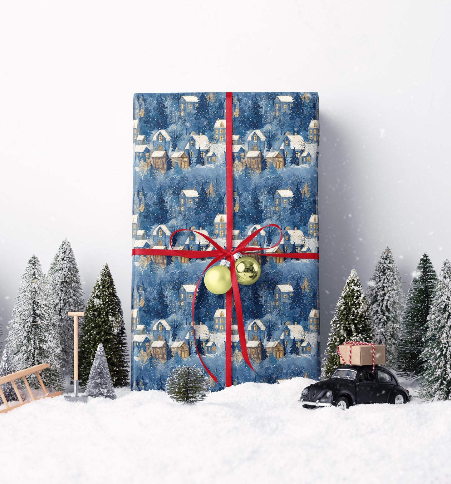 Christmas Village Scene Wrapping Paper Roll, Winter Holiday Gift Wrap with Snowy Buildings #9