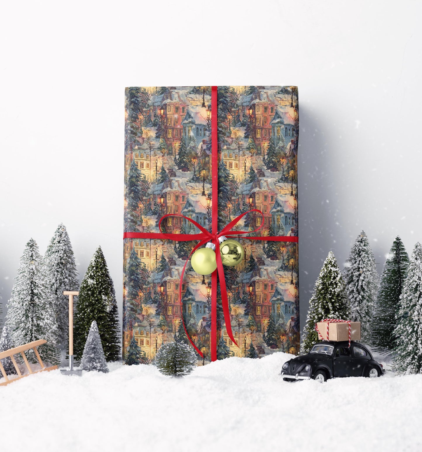 Christmas Wrapping Paper Roll with Village Homes, Winter Town Holiday Gift Wrap for Presents #34