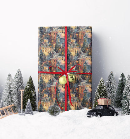 Christmas Wrapping Paper Roll with Village Homes, Winter Town Holiday Gift Wrap for Presents #34