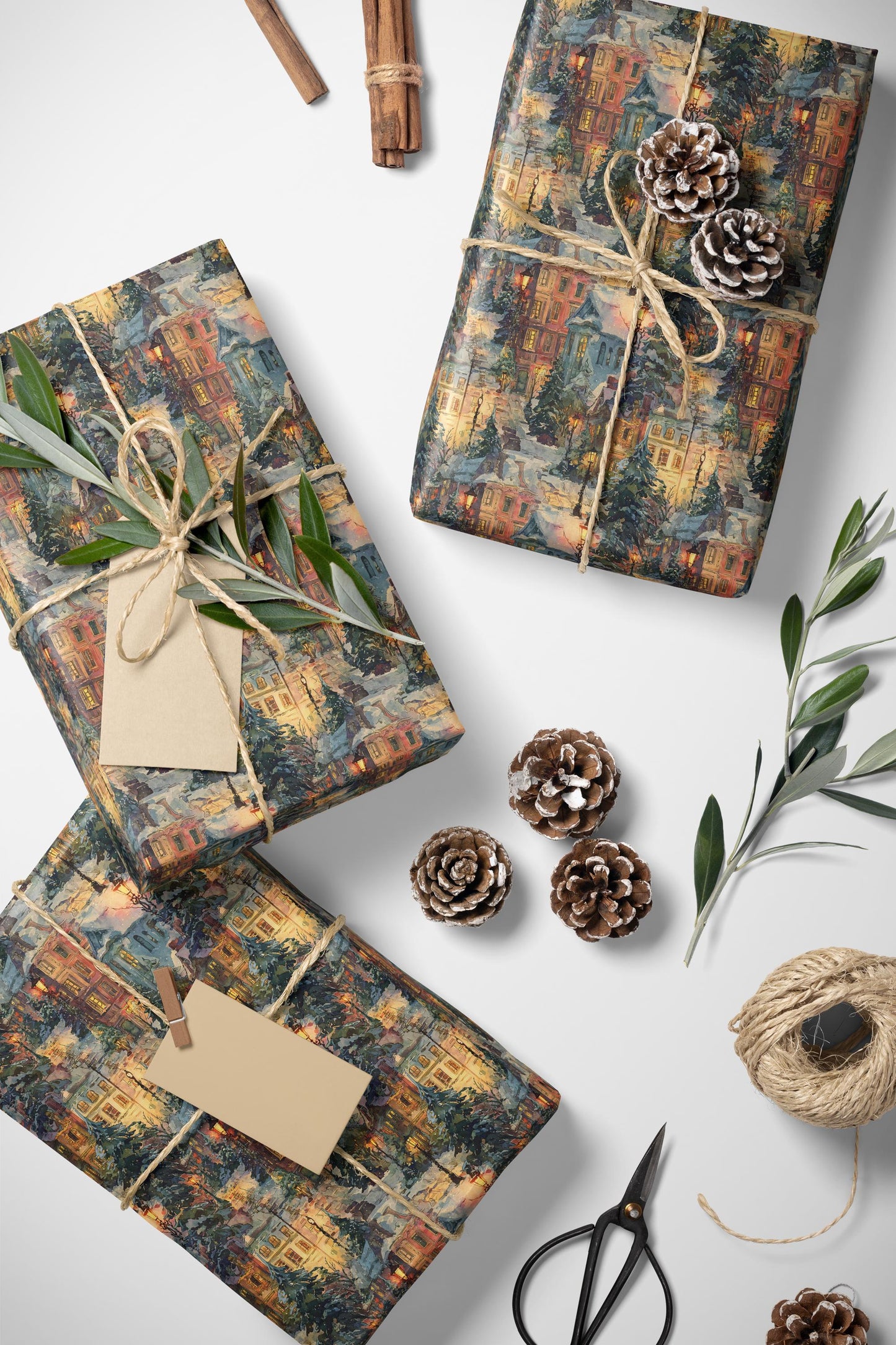 Christmas Wrapping Paper Roll with Village Homes, Winter Town Holiday Gift Wrap for Presents #34