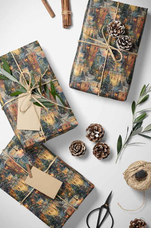 Christmas Wrapping Paper Roll with Village Homes, Winter Town Holiday Gift Wrap for Presents #34