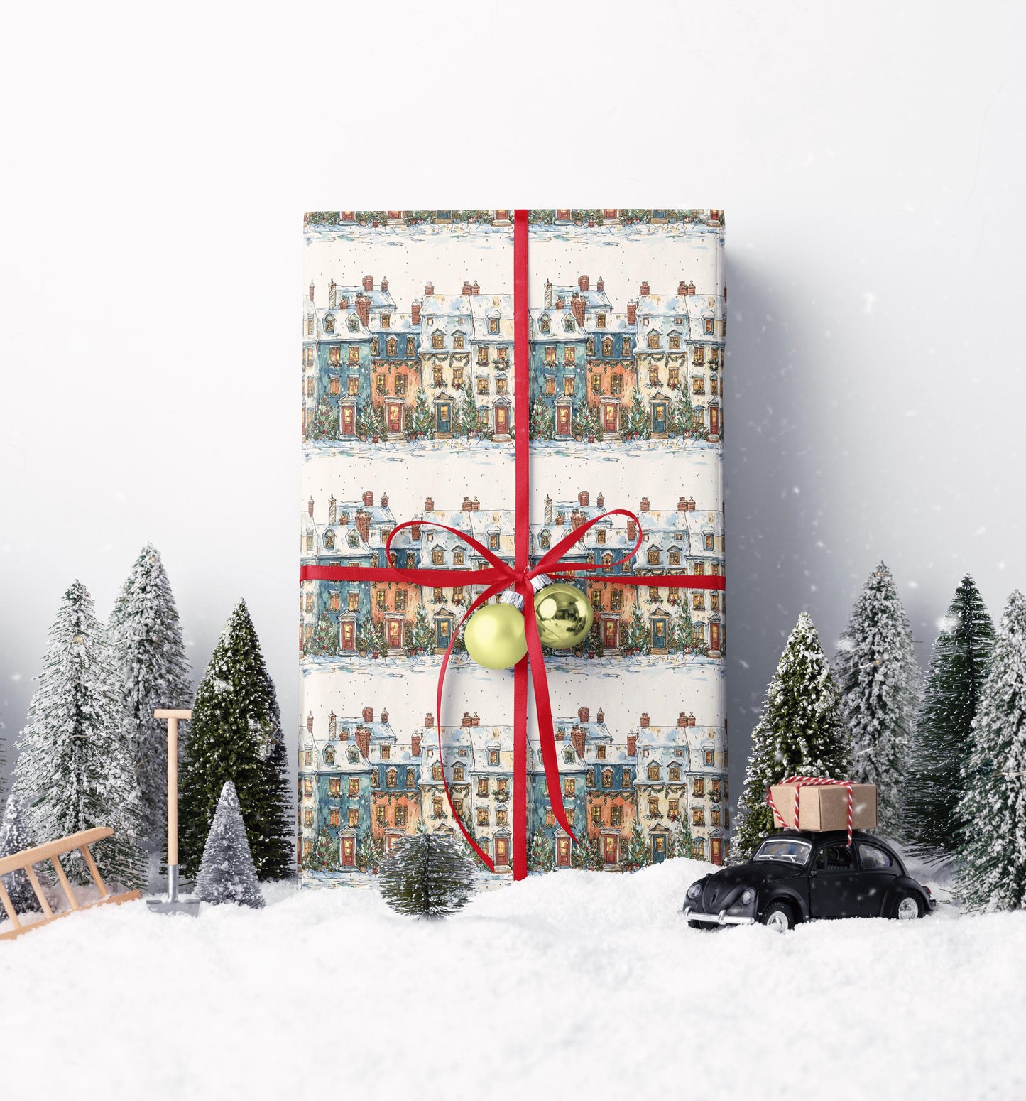 Holiday Wrapping Paper Roll with Christmas Village Design, Snowy House Gift Wrap for Winter Packaging #3