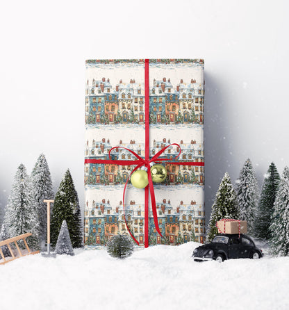 Holiday Wrapping Paper Roll with Christmas Village Design, Snowy House Gift Wrap for Winter Packaging #3