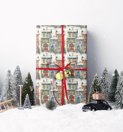 Premium Christmas Wrapping Paper Roll, Holiday Village Scene Gift Wrap with Snow and Festive Houses #2