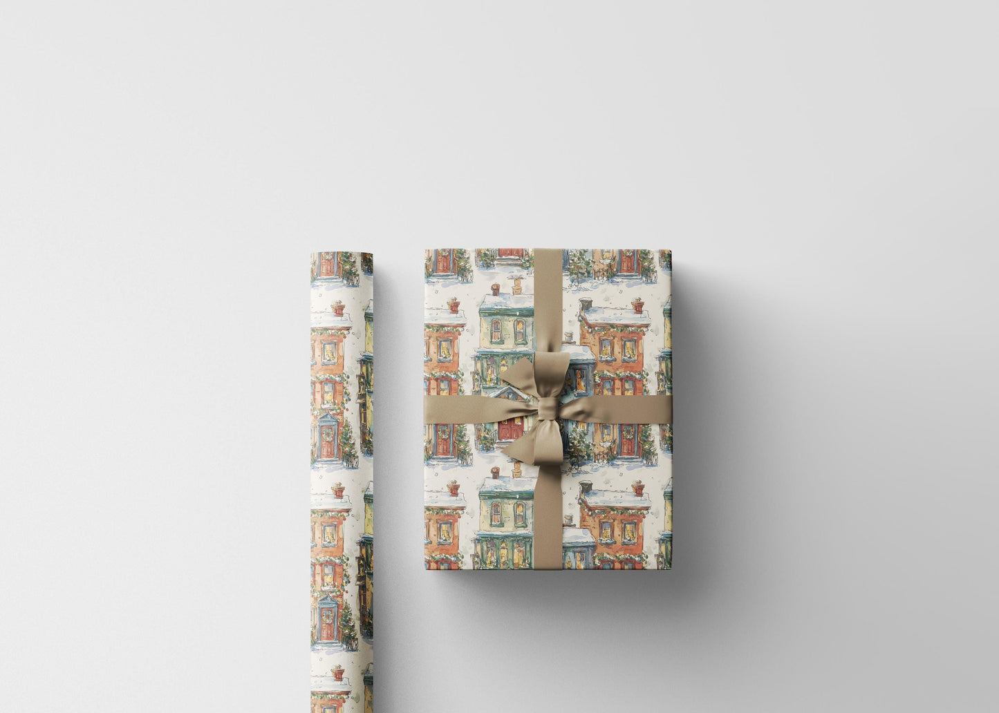 Premium Christmas Wrapping Paper Roll, Holiday Village Scene Gift Wrap with Snow and Festive Houses #2