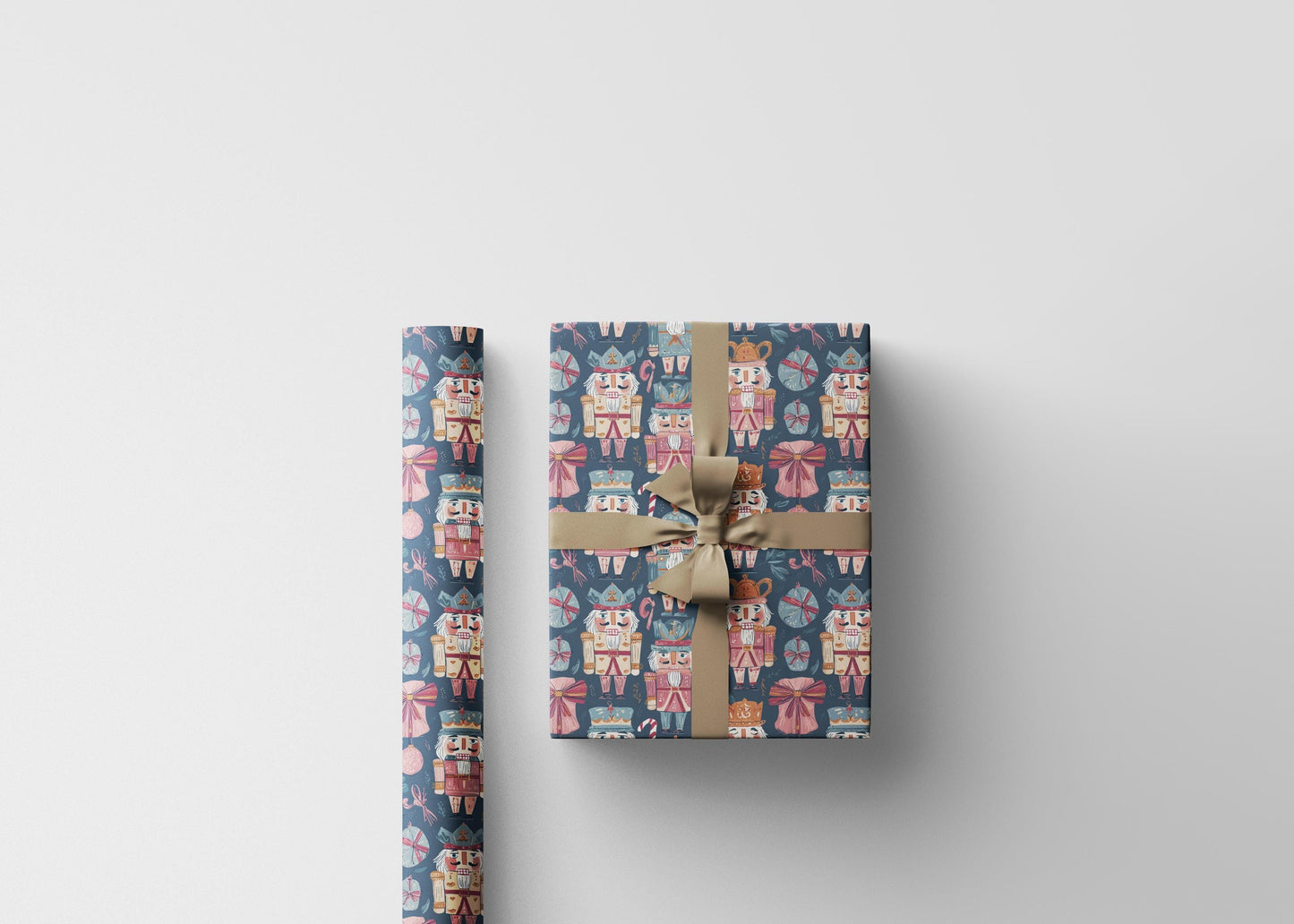 Traditional Christmas Wrapping Paper Roll with Nutcracker Figures and Holiday Ornaments #9