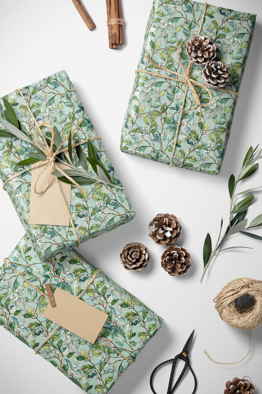 Christmas Wrapping Paper Roll with Vintage Watercolor Mistletoe Design, Holiday Gift Wrap #3