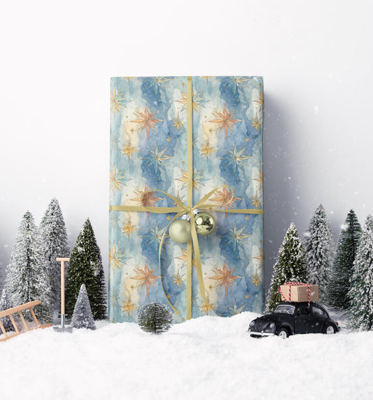 Watercolor Star Christmas Wrapping Paper Roll, Elegant Holiday Gift Wrap with Gold Star Design #1