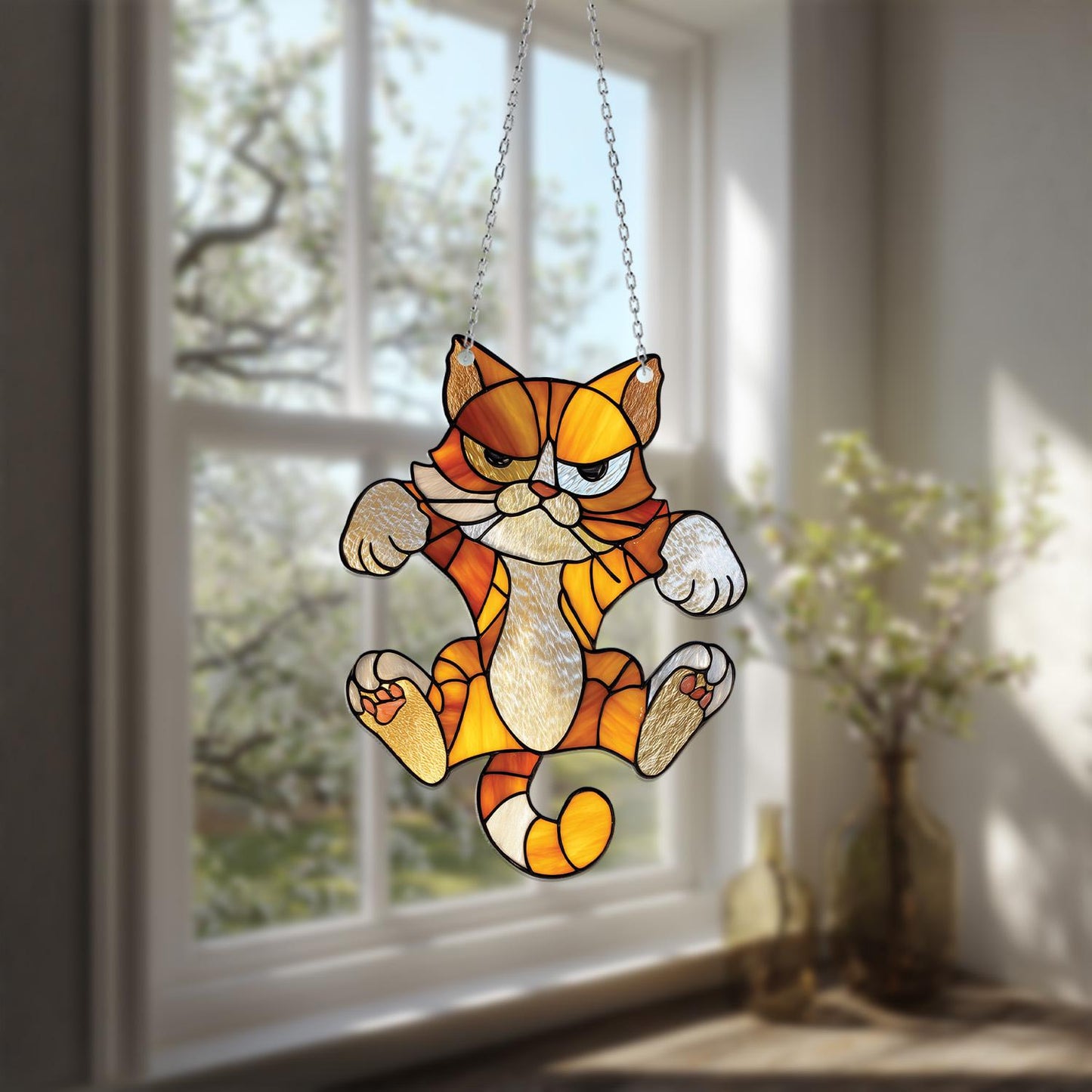 Grumpy Orange Cat Hanging Decor, Funny Angry Kitty Accent for Window or Porch, Quirky Feline Gift for Cat Lovers and Autumn Home Style