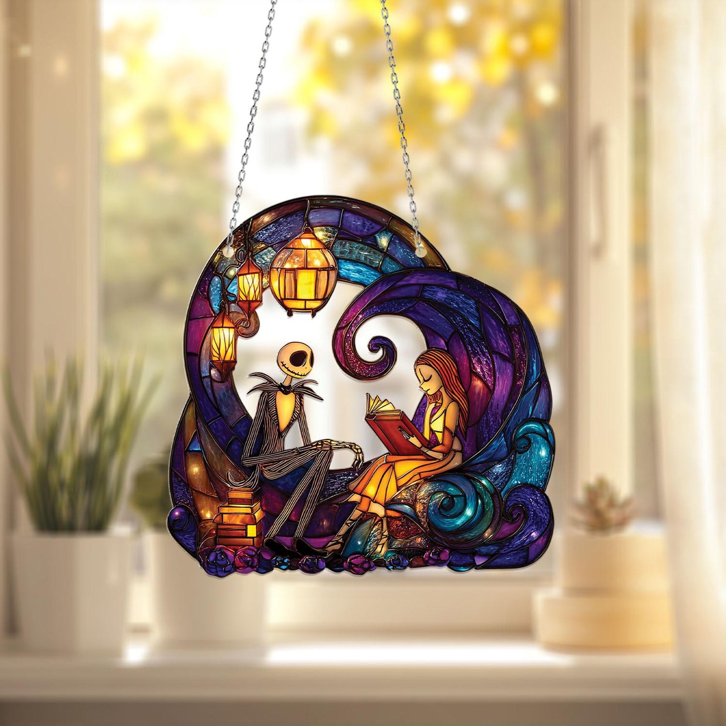 Romantic Skeleton Couple Hanging Decor, Gothic Love Window Accent with Lanterns and Books, Cozy Halloween or Fall Gift for Spooky Fans