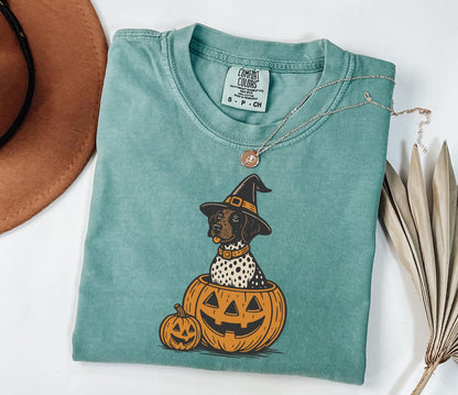 Comfort Colors® Halloween Shorthaired Pointer Shirt, Retro Fall Spooky Vibes Witch Dog In Pumpkins Shirt, GSP Dog lover Halloween Shirt