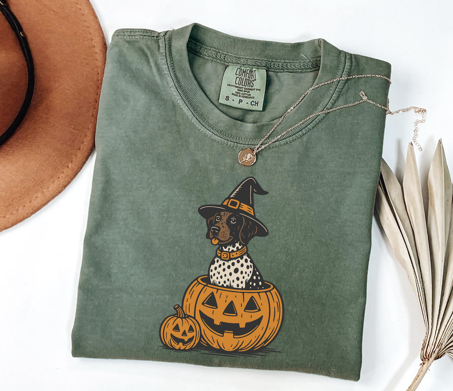 Comfort Colors® Halloween Shorthaired Pointer Shirt, Retro Fall Spooky Vibes Witch Dog In Pumpkins Shirt, GSP Dog lover Halloween Shirt
