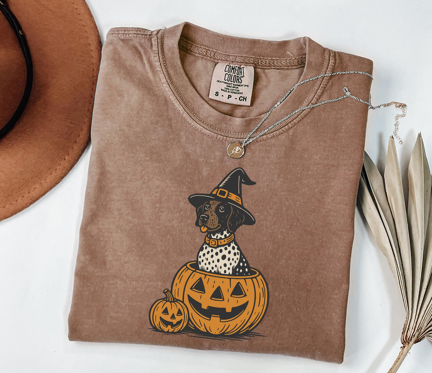 Comfort Colors® Halloween Shorthaired Pointer Shirt, Retro Fall Spooky Vibes Witch Dog In Pumpkins Shirt, GSP Dog lover Halloween Shirt