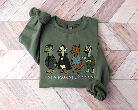 Just a Monster Goose Sweatshirt, Fun Halloween Goose Sweater, Cute Fall Animal Pullover, Quirky Costume Top, Goose Lover Jumper, Unisex Gift