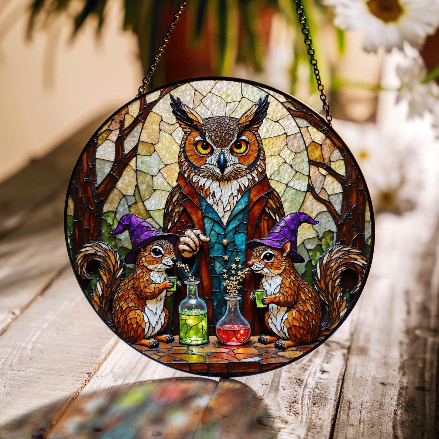 stained glass suncatcher fantasy owl squirrel potion scene Halloween gift Christmas gift for mom