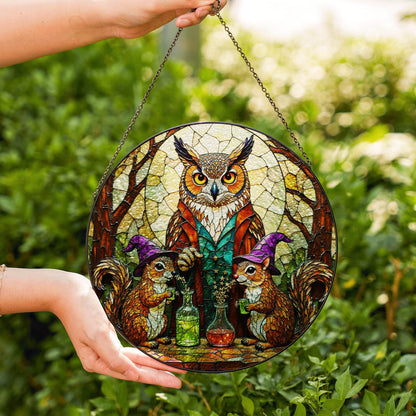 stained glass suncatcher fantasy owl squirrel potion scene Halloween gift Christmas gift for mom