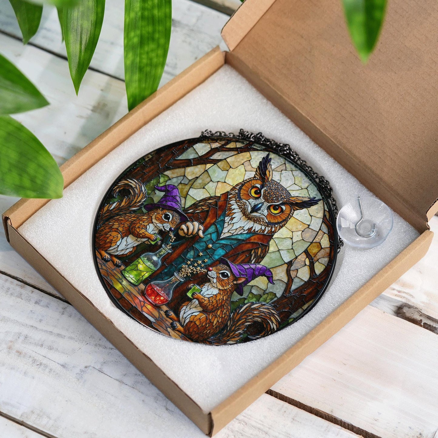 stained glass suncatcher fantasy owl squirrel potion scene Halloween gift Christmas gift for mom
