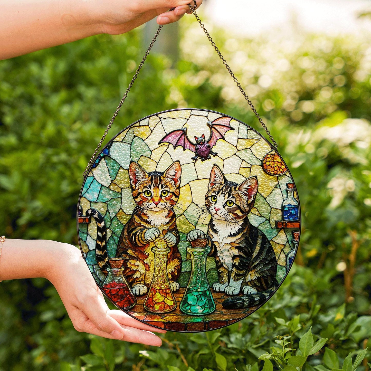 suncatcher stained glass tabby cats with potions halloween gift