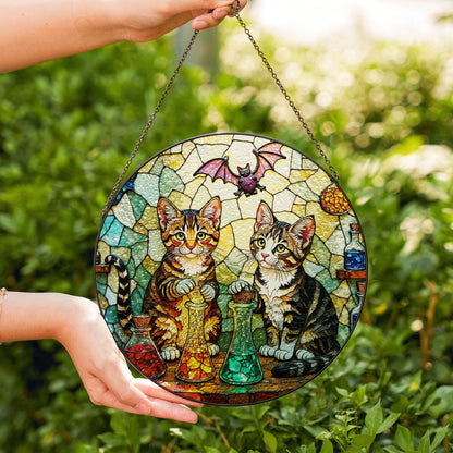 suncatcher stained glass tabby cats with potions halloween gift