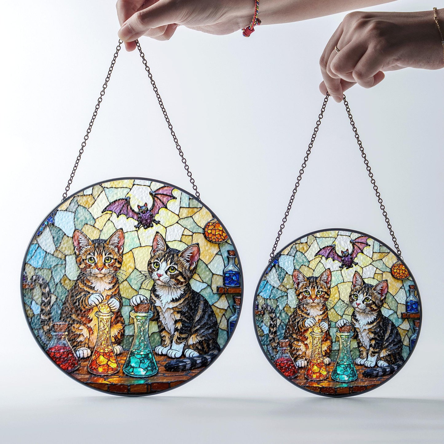 suncatcher stained glass tabby cats with potions halloween gift