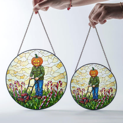 suncatcher stained glass pumpkin head man mowing candy cane field Halloween gift Christmas gift