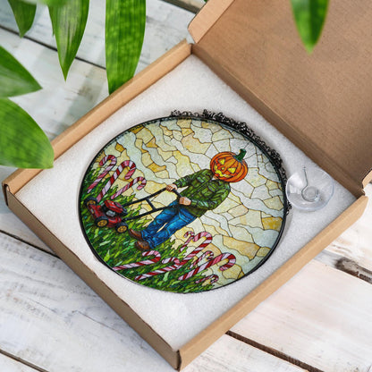 suncatcher stained glass pumpkin head man mowing candy cane field Halloween gift Christmas gift