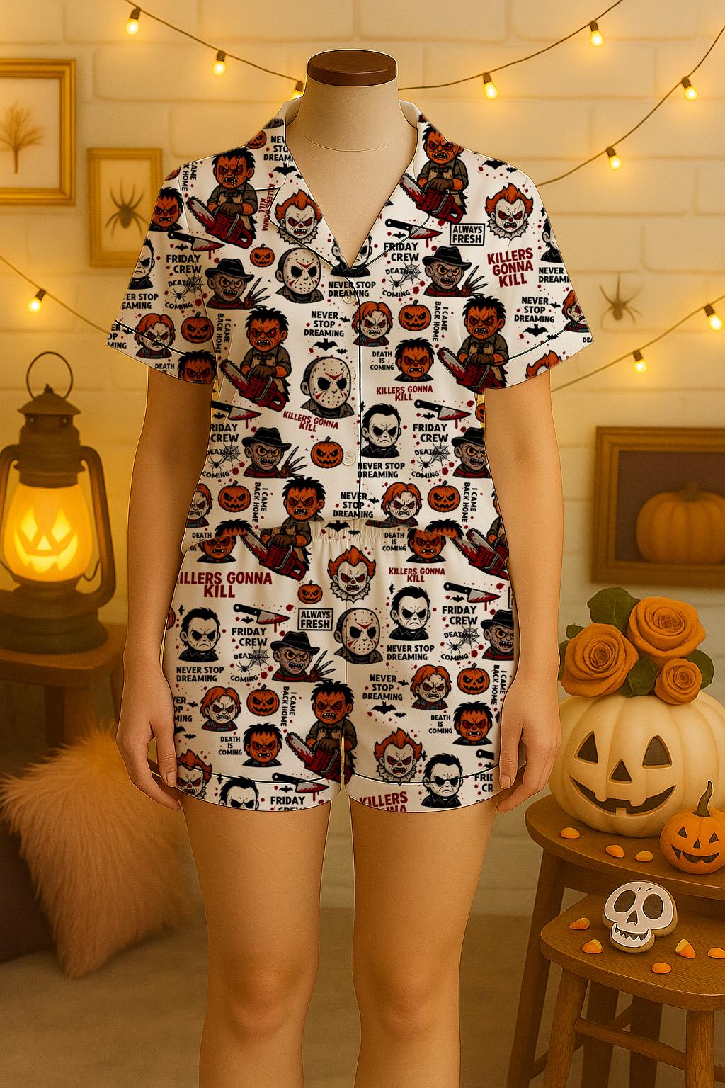 Horror Halloween Character Pajama Set, Halloween Pajama Satin Set, Chibi Horror Pjs, Spooky Season,Scary Movie Sleepwear, Gift For Halloween  Pajamas Set