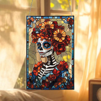 Dia De Los Muertos Sugar Skull Acrylic Suncatcher – Faux Stained Glass Window Hanging With Marigold Flowers And Colorful Mexican Decor