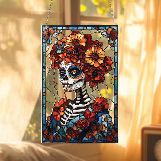 Dia De Los Muertos Sugar Skull Acrylic Suncatcher – Faux Stained Glass Window Hanging With Marigold Flowers And Colorful Mexican Decor