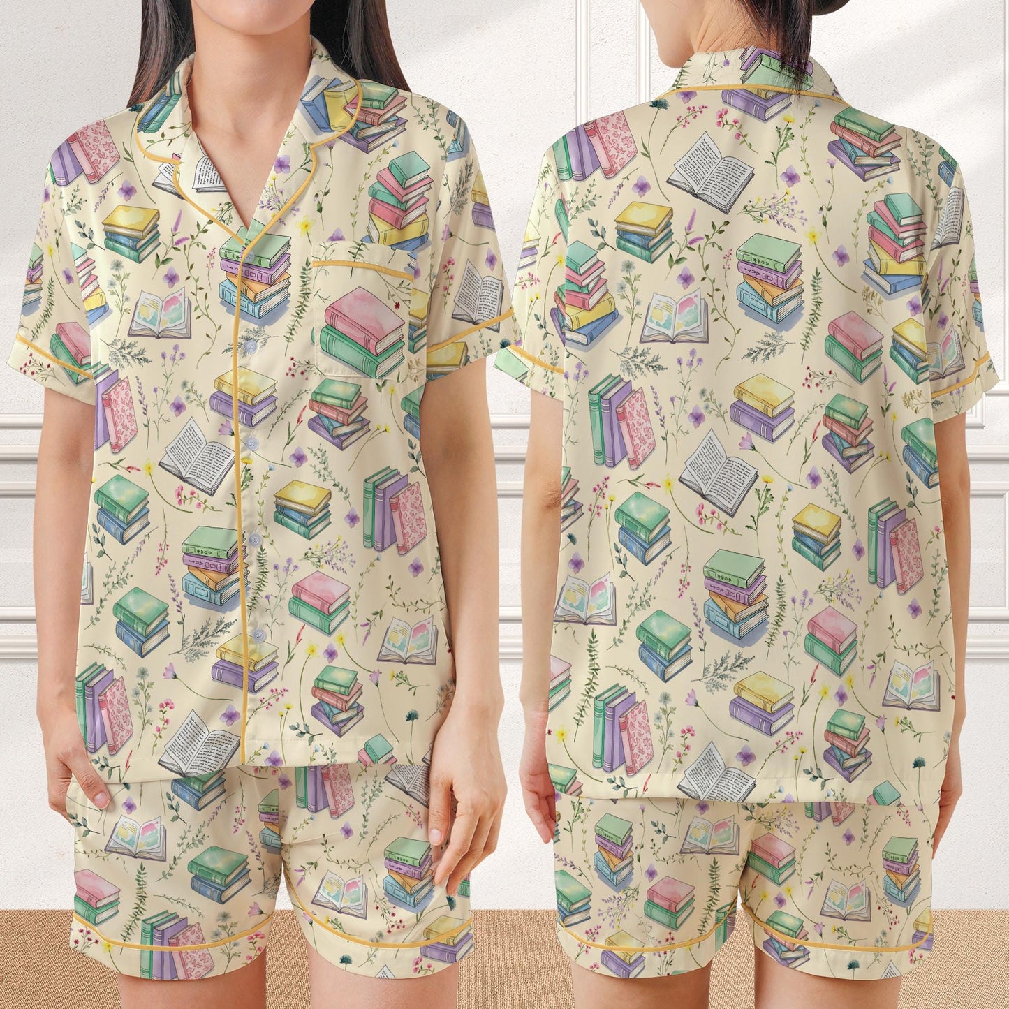 Bookworm Satin Pajamas, Wildflower Bookish Home Wear Pajamas Set, Reading Lover Gift, Book Floral Pajamas Set