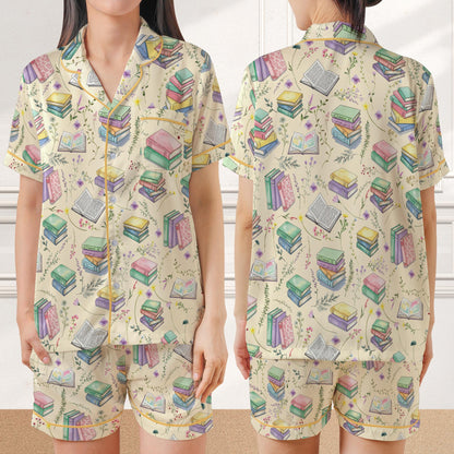 Bookworm Satin Pajamas, Wildflower Bookish Home Wear Pajamas Set, Reading Lover Gift, Book Floral Pajamas Set