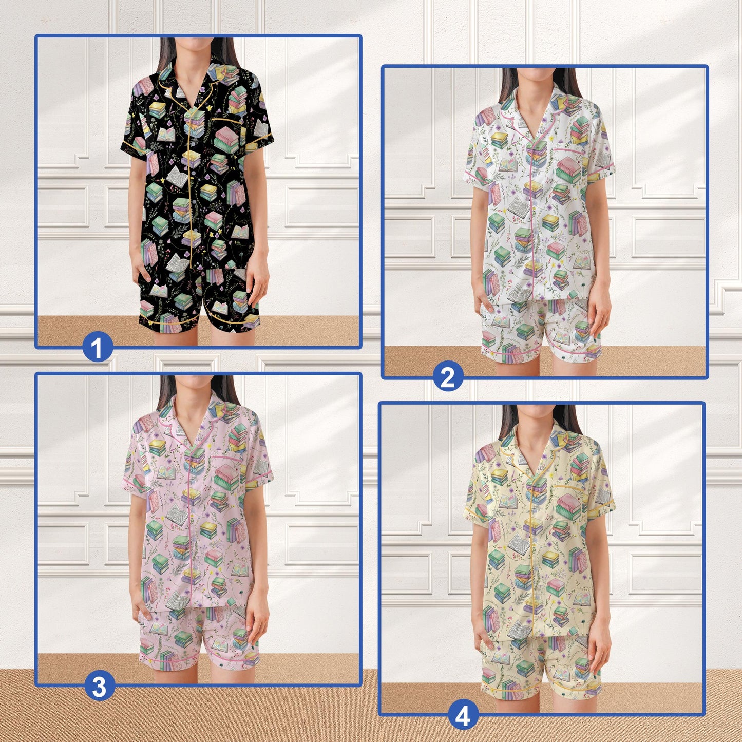 Bookworm Satin Pajamas, Wildflower Bookish Home Wear Pajamas Set, Reading Lover Gift, Book Floral Pajamas Set