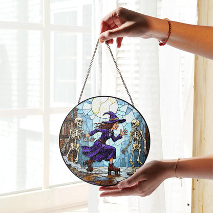 Suncatcher stained glass witch skating with skeletons Halloween gift