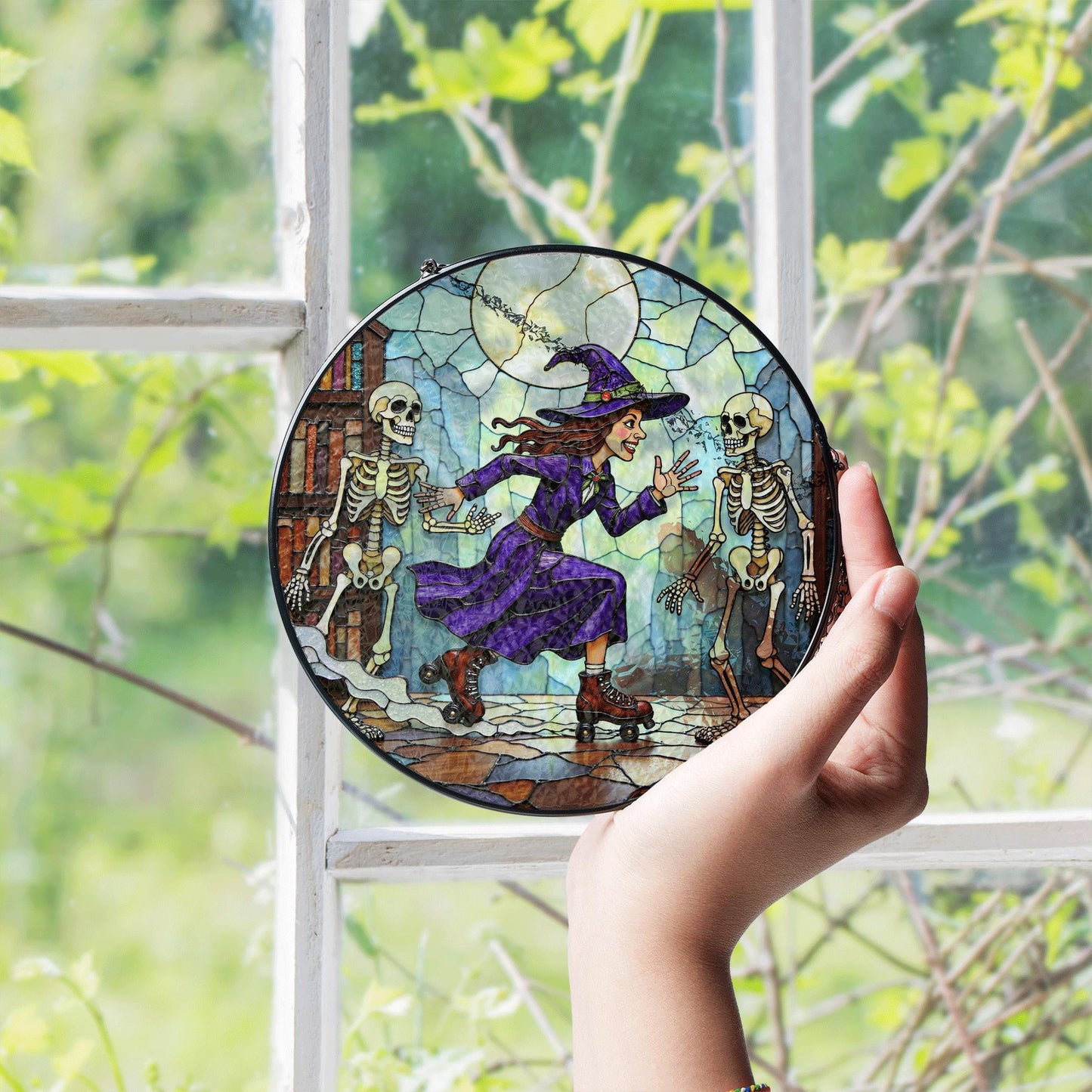 Suncatcher stained glass witch skating with skeletons Halloween gift
