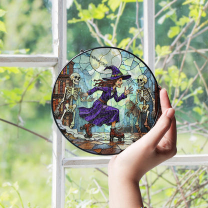 Suncatcher stained glass witch skating with skeletons Halloween gift
