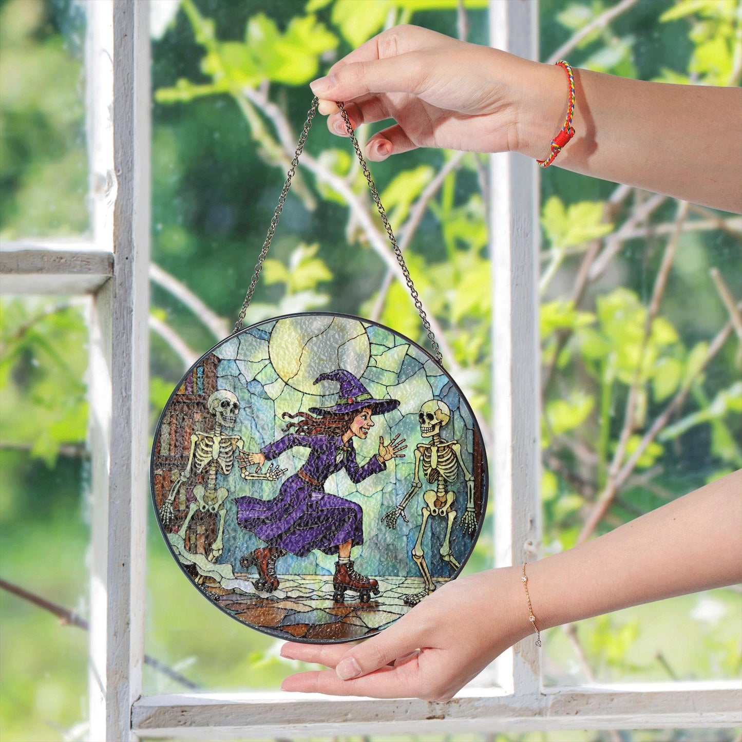Suncatcher stained glass witch skating with skeletons Halloween gift