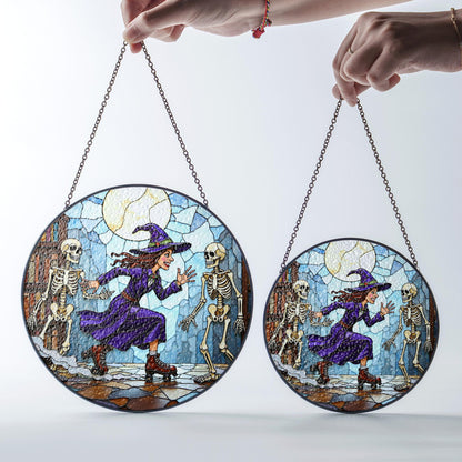 Suncatcher stained glass witch skating with skeletons Halloween gift