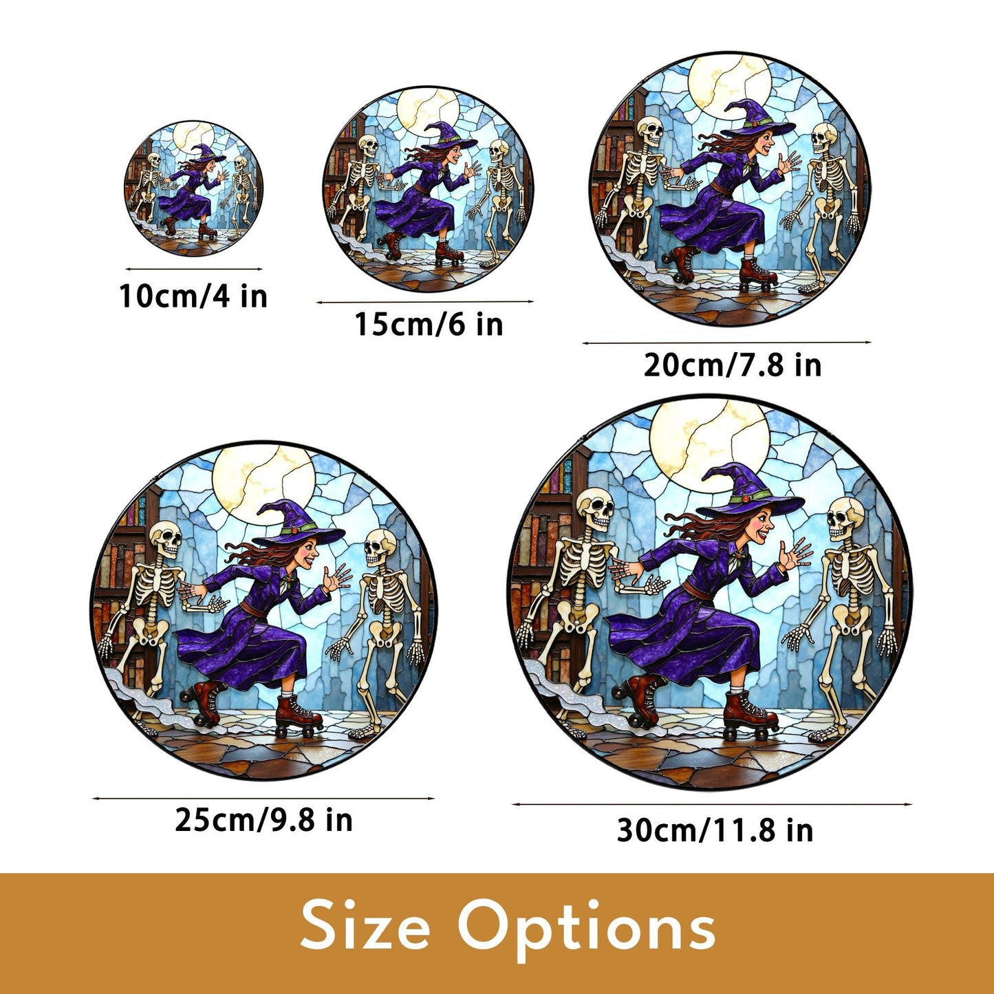 Suncatcher stained glass witch skating with skeletons Halloween gift