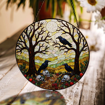 Suncatcher stained glass ravens skulls autumn forest Halloween gift