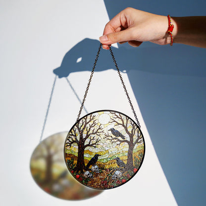 Suncatcher stained glass ravens skulls autumn forest Halloween gift