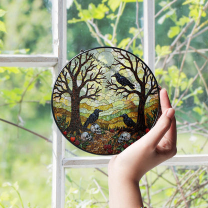 Suncatcher stained glass ravens skulls autumn forest Halloween gift