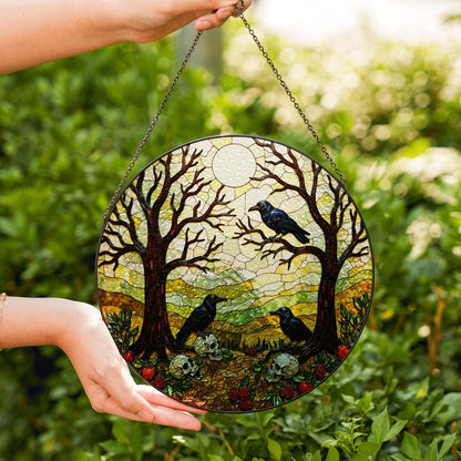 Suncatcher stained glass ravens skulls autumn forest Halloween gift