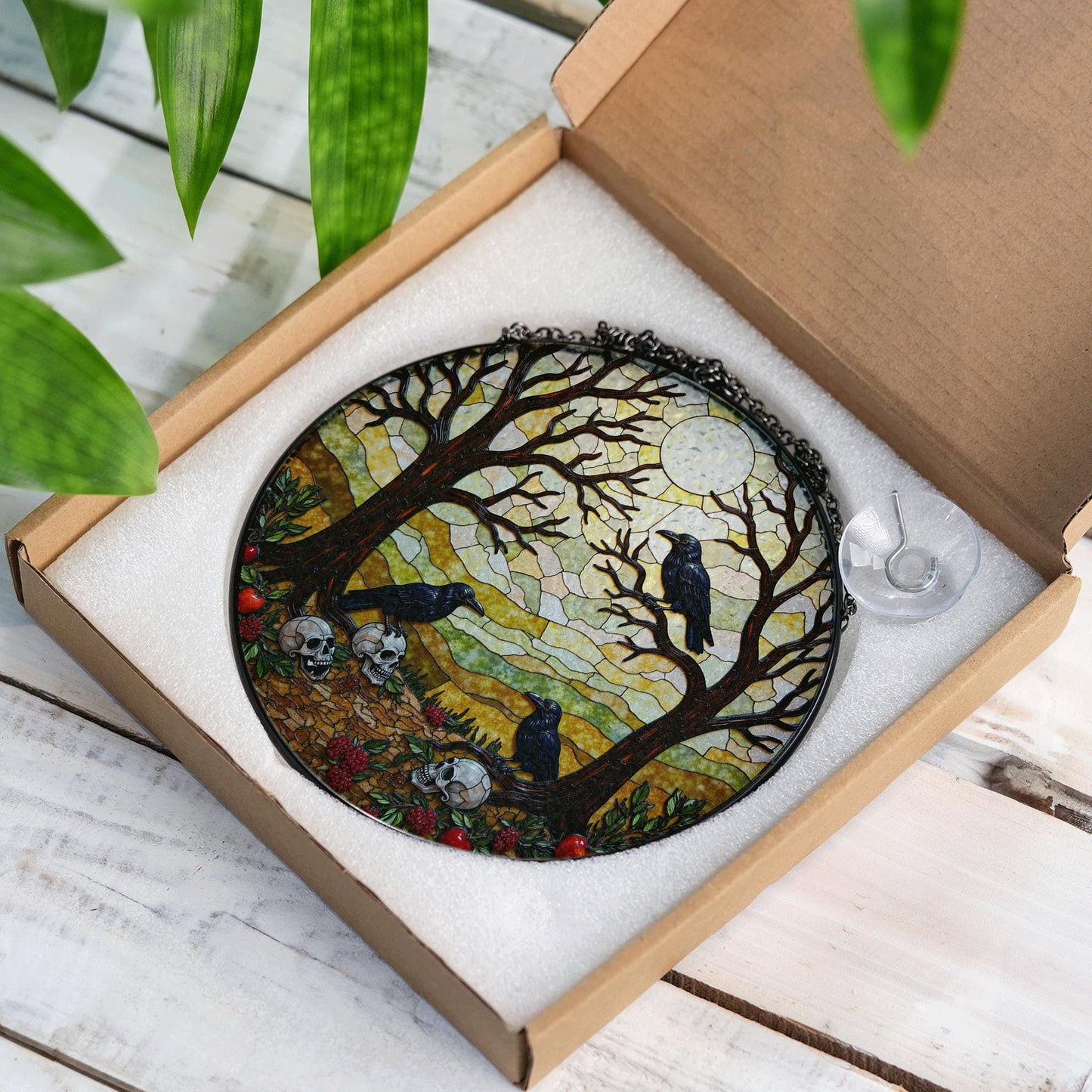 Suncatcher stained glass ravens skulls autumn forest Halloween gift