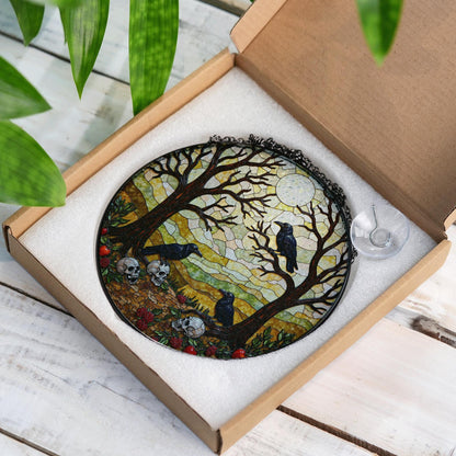 Suncatcher stained glass ravens skulls autumn forest Halloween gift