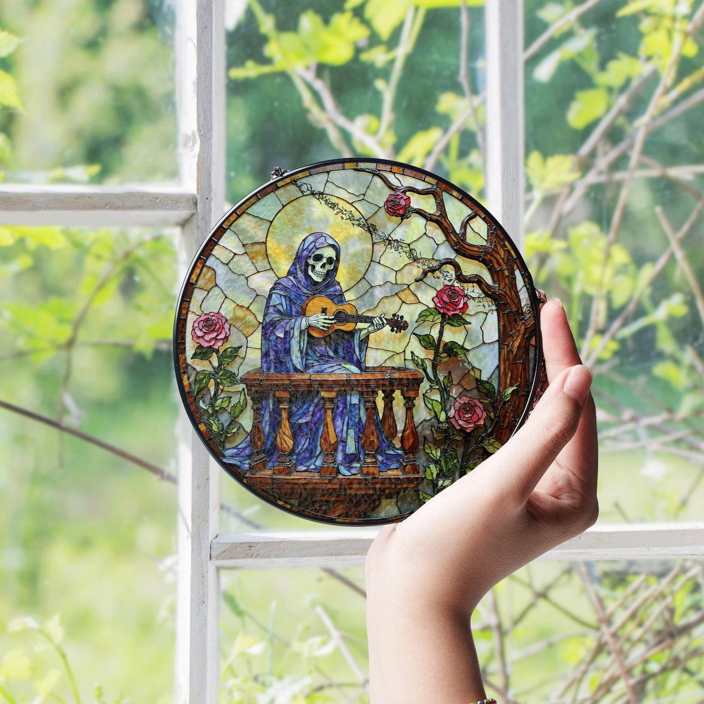 stained glass suncatcher skeleton playing guitar with roses gothic halloween gift