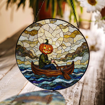 Suncatcher stained glass pumpkin head rowing boat Halloween gift