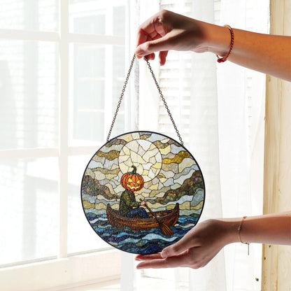 Suncatcher stained glass pumpkin head rowing boat Halloween gift