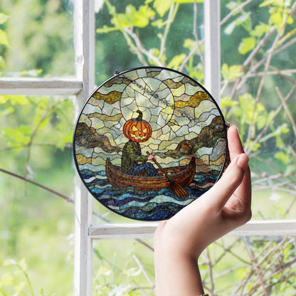 Suncatcher stained glass pumpkin head rowing boat Halloween gift