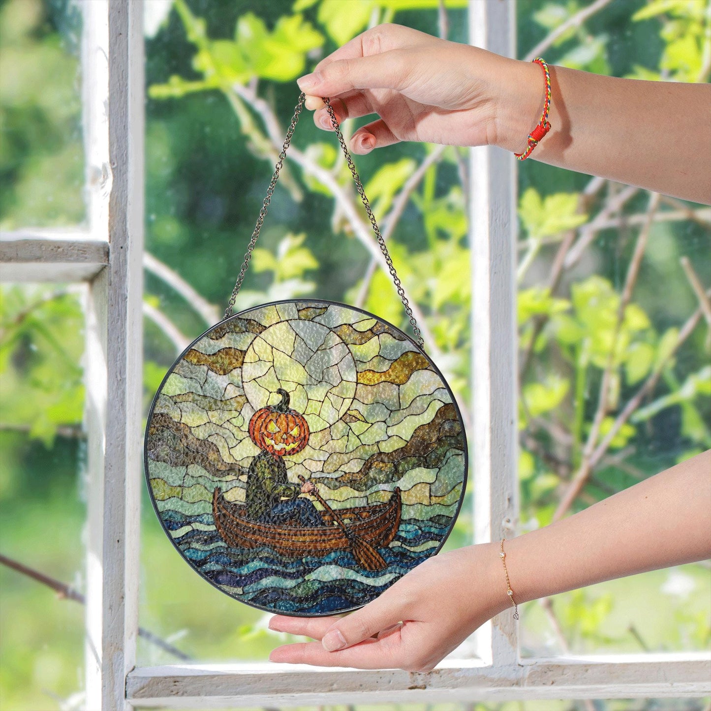 Suncatcher stained glass pumpkin head rowing boat Halloween gift